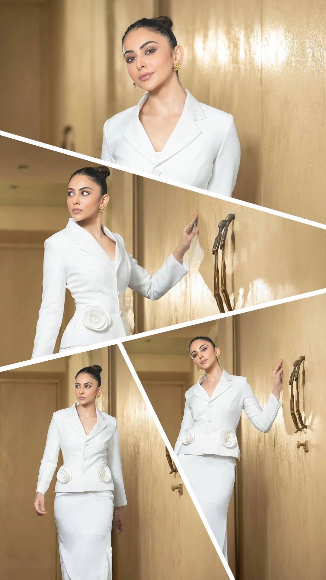 Rakul Preet Singh looked like a swan in a white fitted jacket and silk skirt